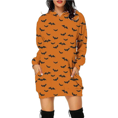 Women's Halloween Print Long Hoodie Sweater with Pockets - Shanilia