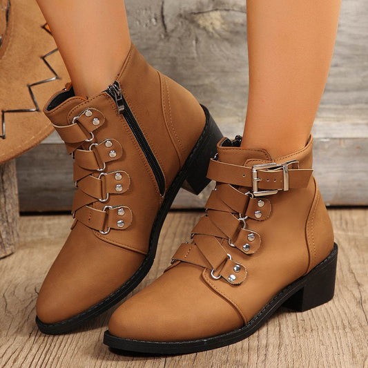 Women Winter Ankle Boots with Side Zipper and Belt Buckle | Knight Boot - Shanilia