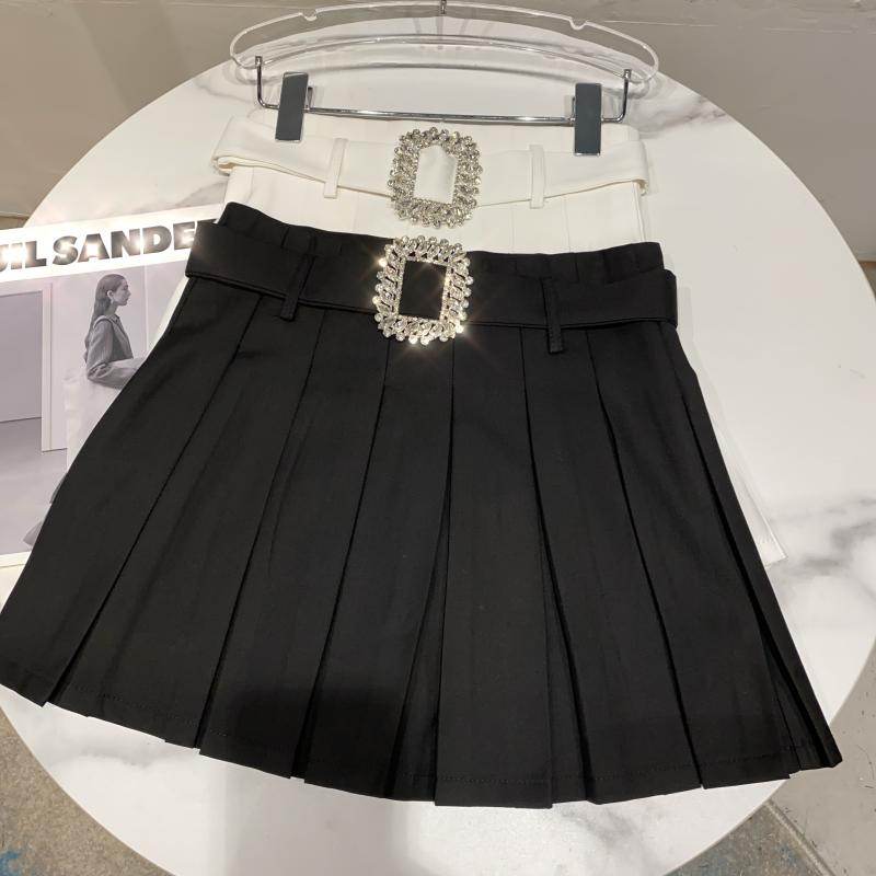 Square Rhinestone Waistband Design Anti Glare Pleated Skirt - Shanilia