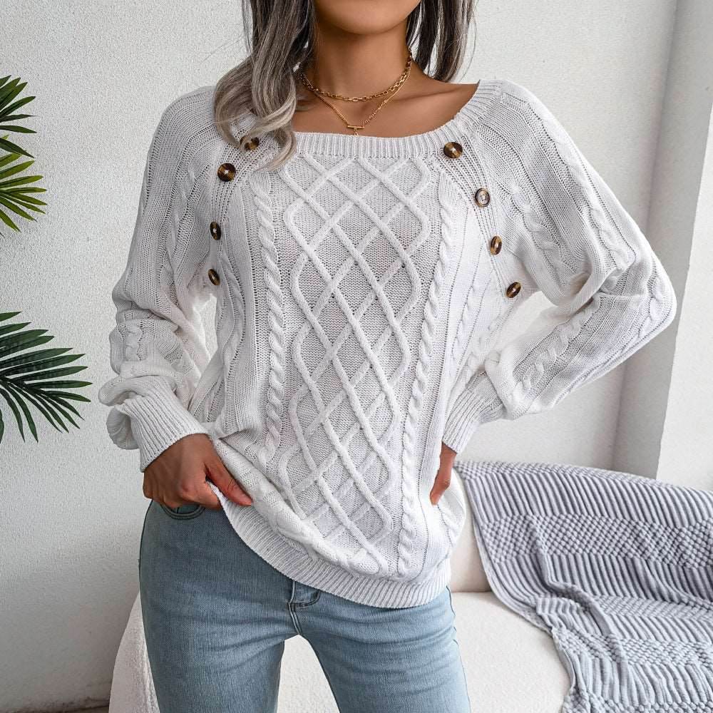 Square Neck Button Fried Dough Twist Knitting Sweater - Shanilia