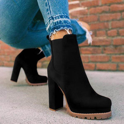 Round-toe Ankle Boots Solid Leopard Print Thick Square High Heel Shoes Ladies Casual Fashion Autumn Winter Suede Dress Party Boots - Shanilia