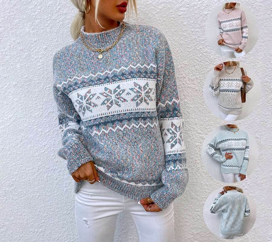 Half Turtleneck Snowflake Sweater Women - Shanilia