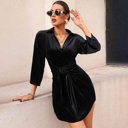 Long Sleeve Tied Waist-tight Sheath Velvet Dress - Shanilia