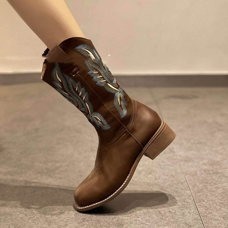 Embroidered Thick Heeled Mid Length Knight Boots Trend - Shanilia