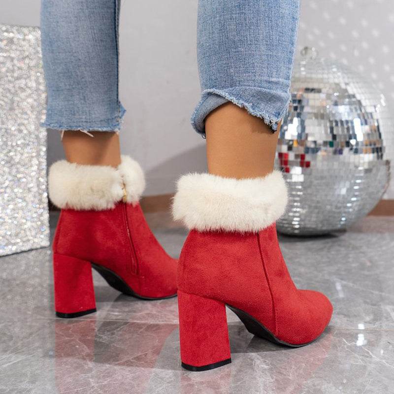 New Plaid Print Plush Ankle Boots Winter Fashoin Square Heel Suede Boots Women - Shanilia