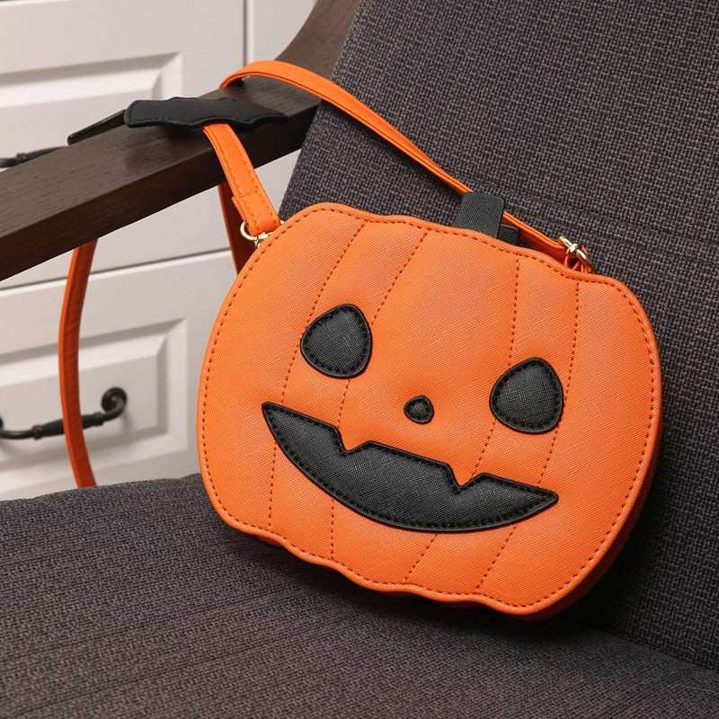 Halloween Bags Funny Pumpkin Cartoon Shoulder Crossbody Bag With Bat - Shanilia