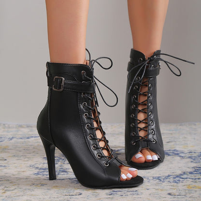 Shop the Latest High Heel Peep Toe Pumps with Lace-up and Buckle Details