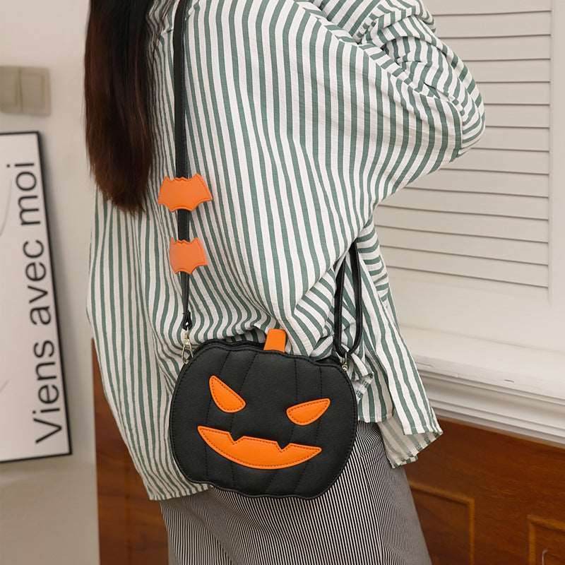 Halloween Bags Funny Pumpkin Cartoon Shoulder Crossbody Bag With Bat - Shanilia