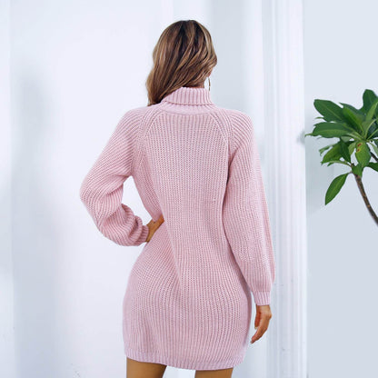 Women's Long Sleeve Winter Turtleneck Sweater Dress with Button Design - Shanilia