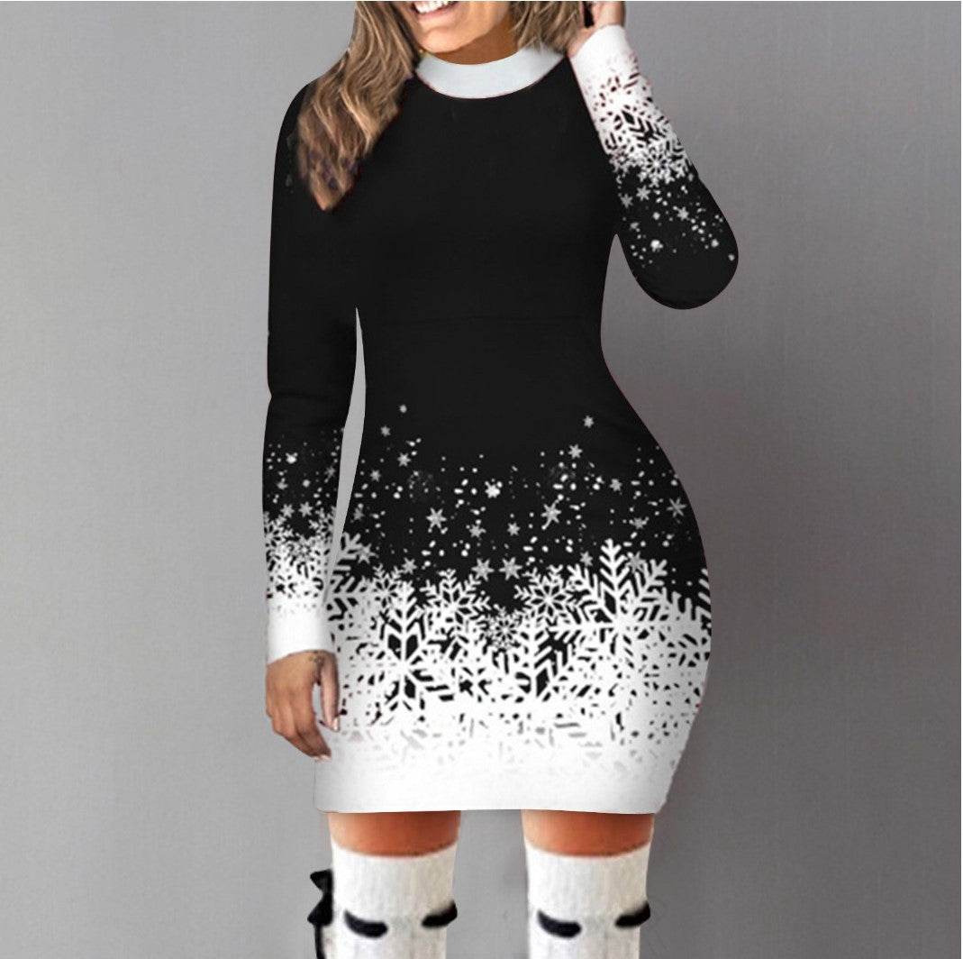 European and American Christmas Printed Long Sleeve Dress A-Line Skirt for Women - Shanilia