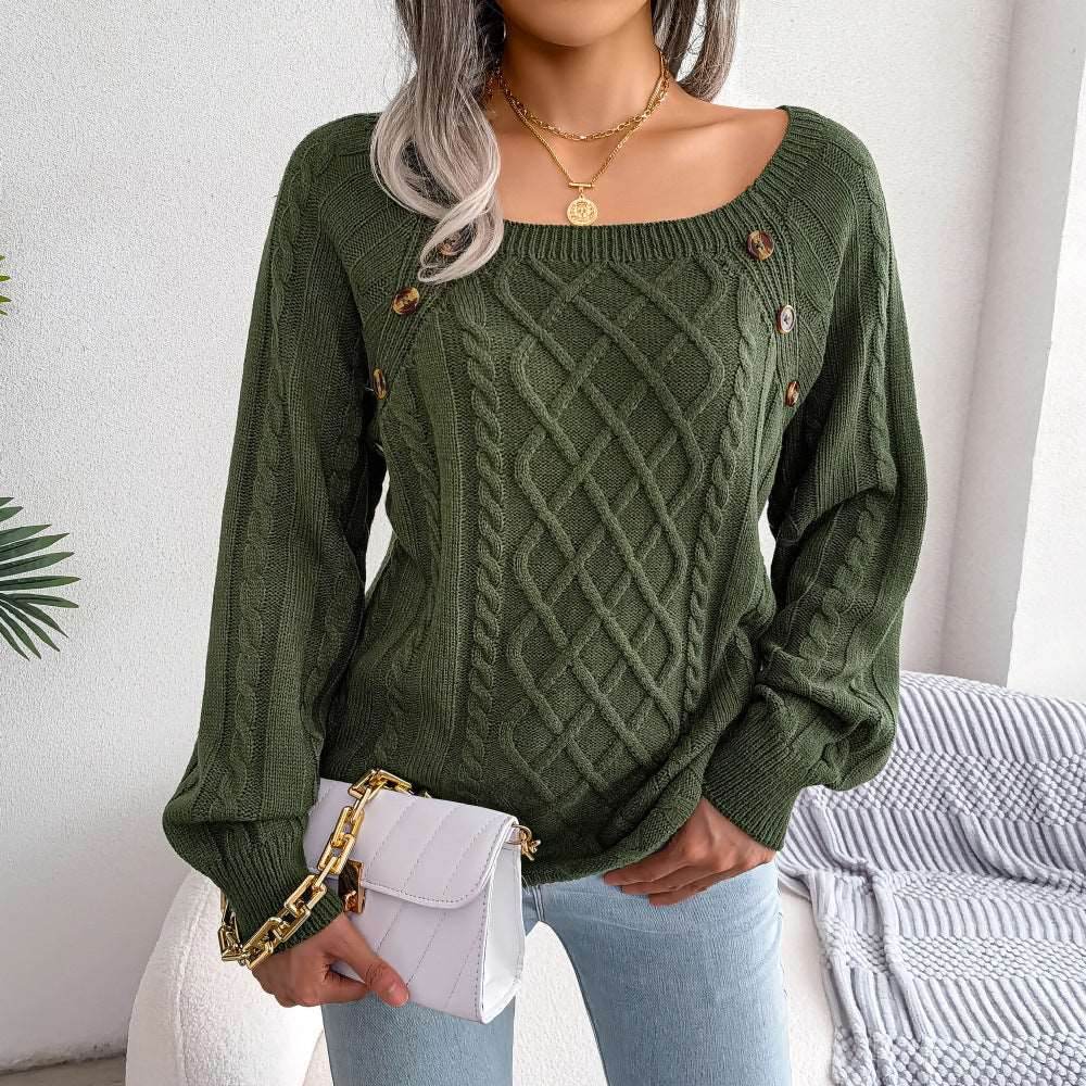 Square Neck Button Fried Dough Twist Knitting Sweater - Shanilia