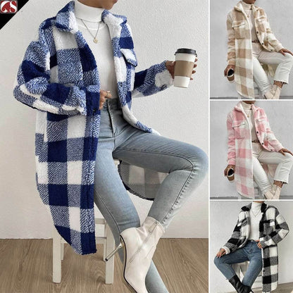 Button Lapel Plush Plaid Coat Loose | Plaid Lapel Coat - Shanilia