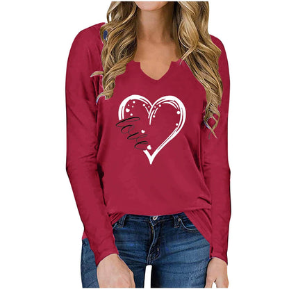 Valentine's Day Printed T shirt | Long sleeved V neck Top | Loose Fit - Shanilia