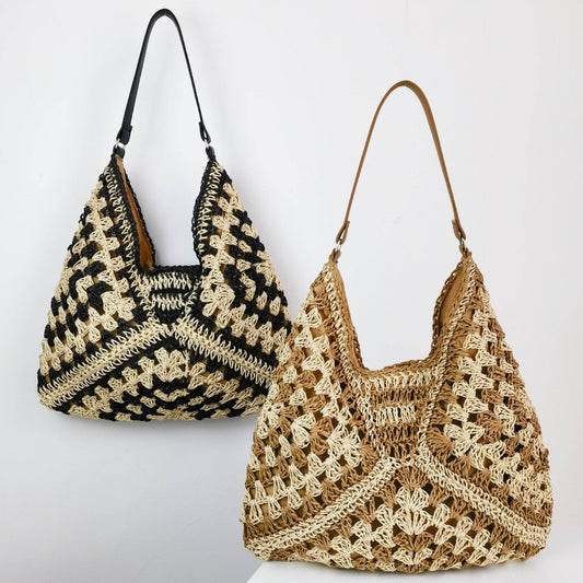 Women's Fashion Handmade Straw Woven Hollow Contrast Color Weave Shoulder Bag - Shanilia