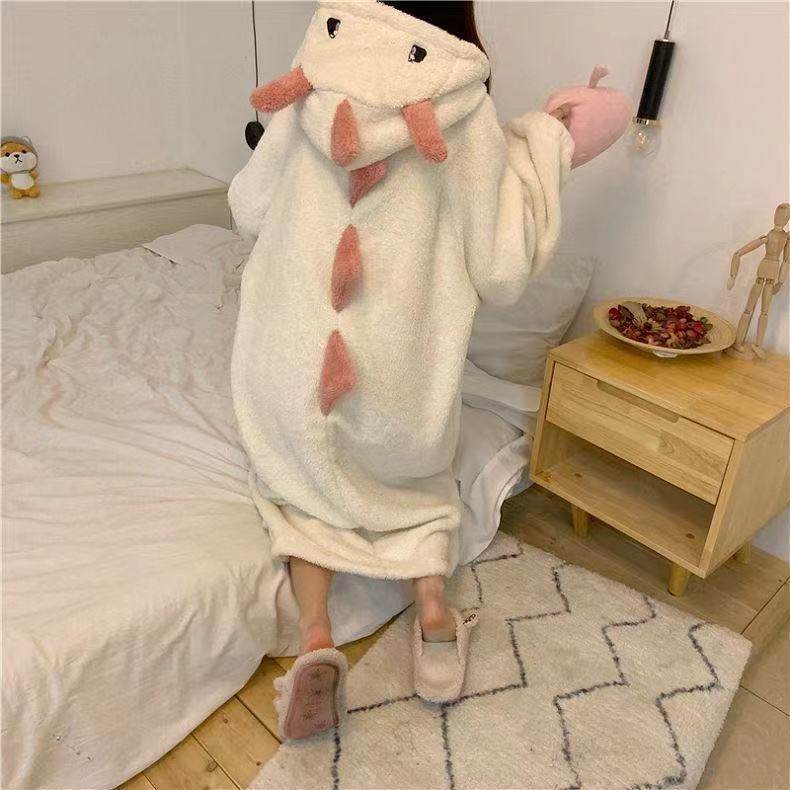 Women's Cute Cartoon Dinosaur Nightgown - Natural Soft Coral Fleece - Shanilia