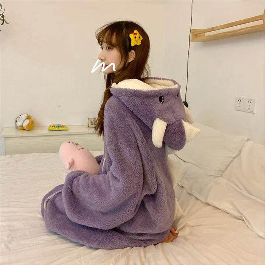 Women's Cute Cartoon Dinosaur Nightgown - Natural Soft Coral Fleece - Shanilia