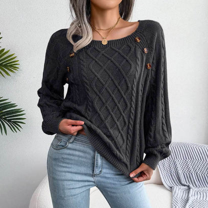 Square Neck Button Fried Dough Twist Knitting Sweater - Shanilia