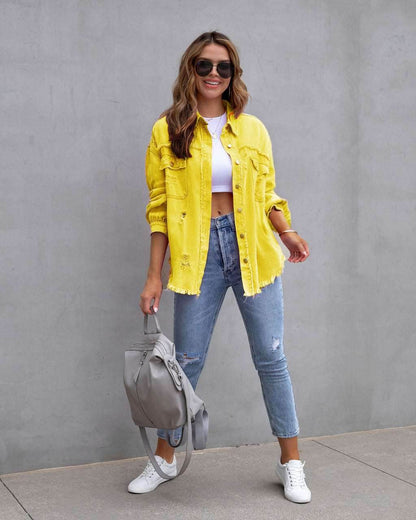 Fashion Ripped Shirt Jacket Female Autumn And Spring Casual Tops Womens Clothing - Shanilia