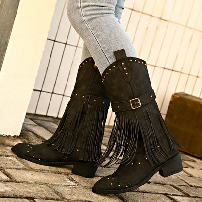 Women's Winter Retro Tassel Boots With Rivet Strap Buckle Design - Shanilia