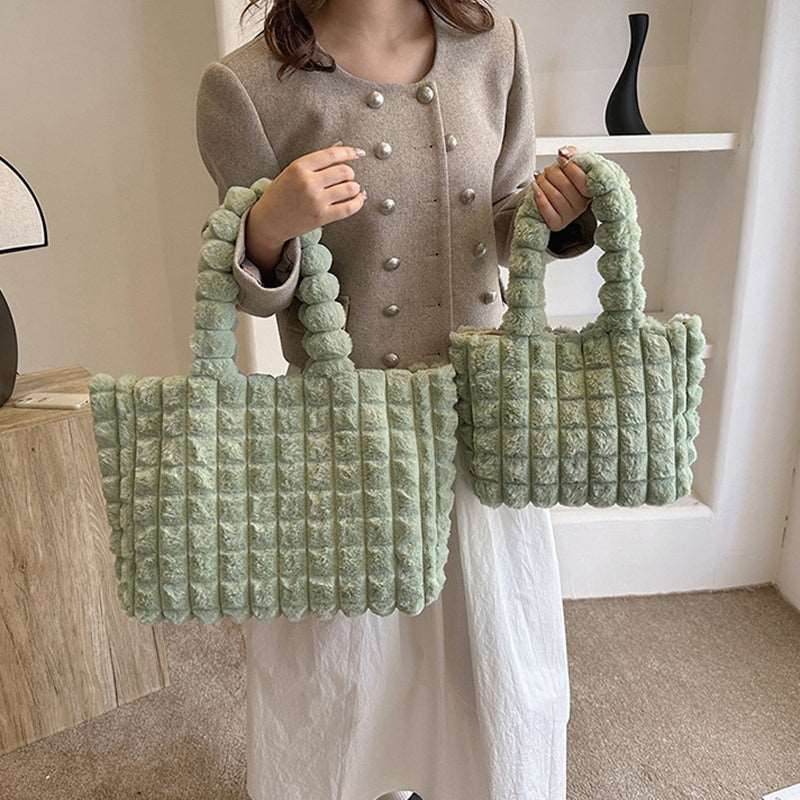 Plaid Handbags Winter Fashion High Capacity Shopping Plush Bag Korean Style Personalized Designer Luxury Tote Bags For Women - Shanilia