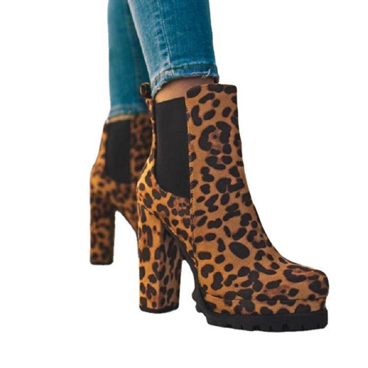 Round-toe Ankle Boots Solid Leopard Print Thick Square High Heel Shoes Ladies Casual Fashion Autumn Winter Suede Dress Party Boots - Shanilia