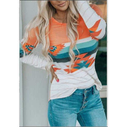 Women's Printed Round Neck Knitted Long-sleeved Top T-shirt - Shanilia