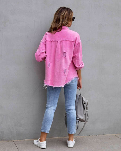 Fashion Ripped Shirt Jacket Female Autumn And Spring Casual Tops Womens Clothing - Shanilia