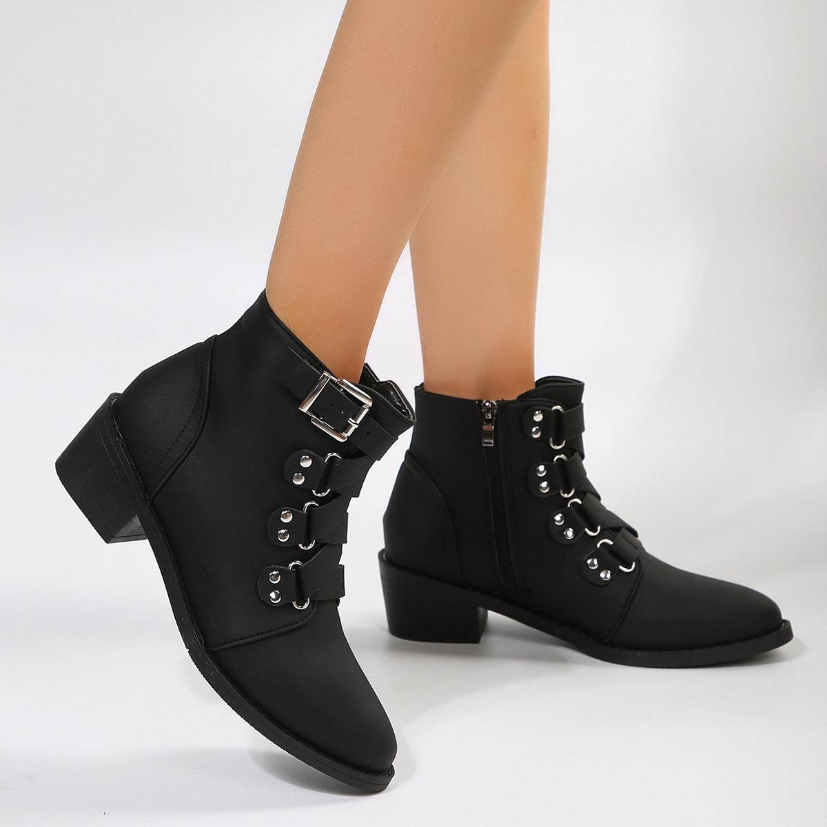 Women Winter Ankle Boots with Side Zipper and Belt Buckle | Knight Boot - Shanilia