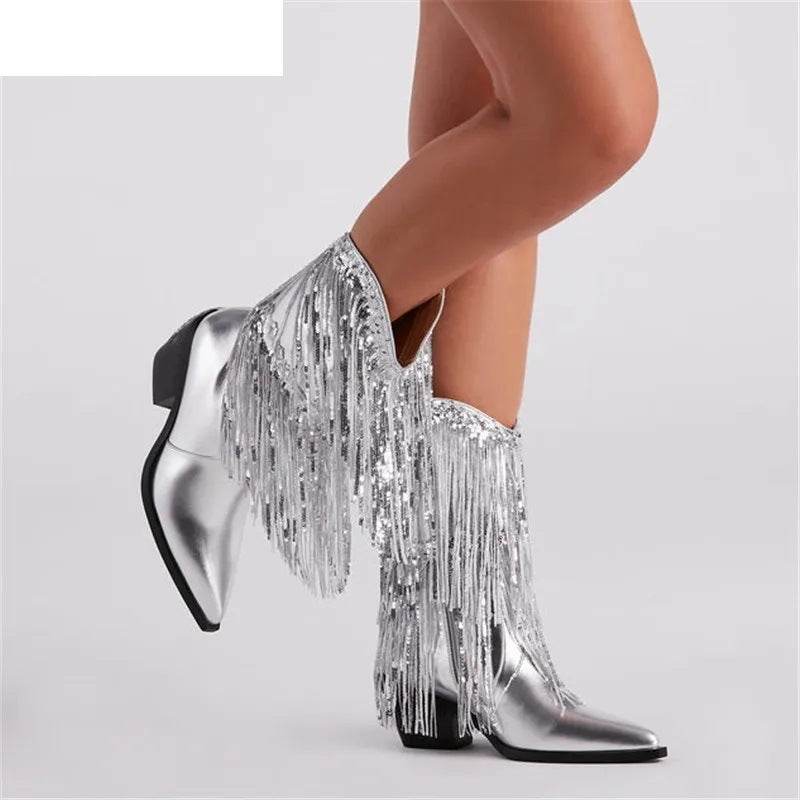 Women's Cross-Border Fashion Runway Chunky Heel Tassel Boots - Shanilia