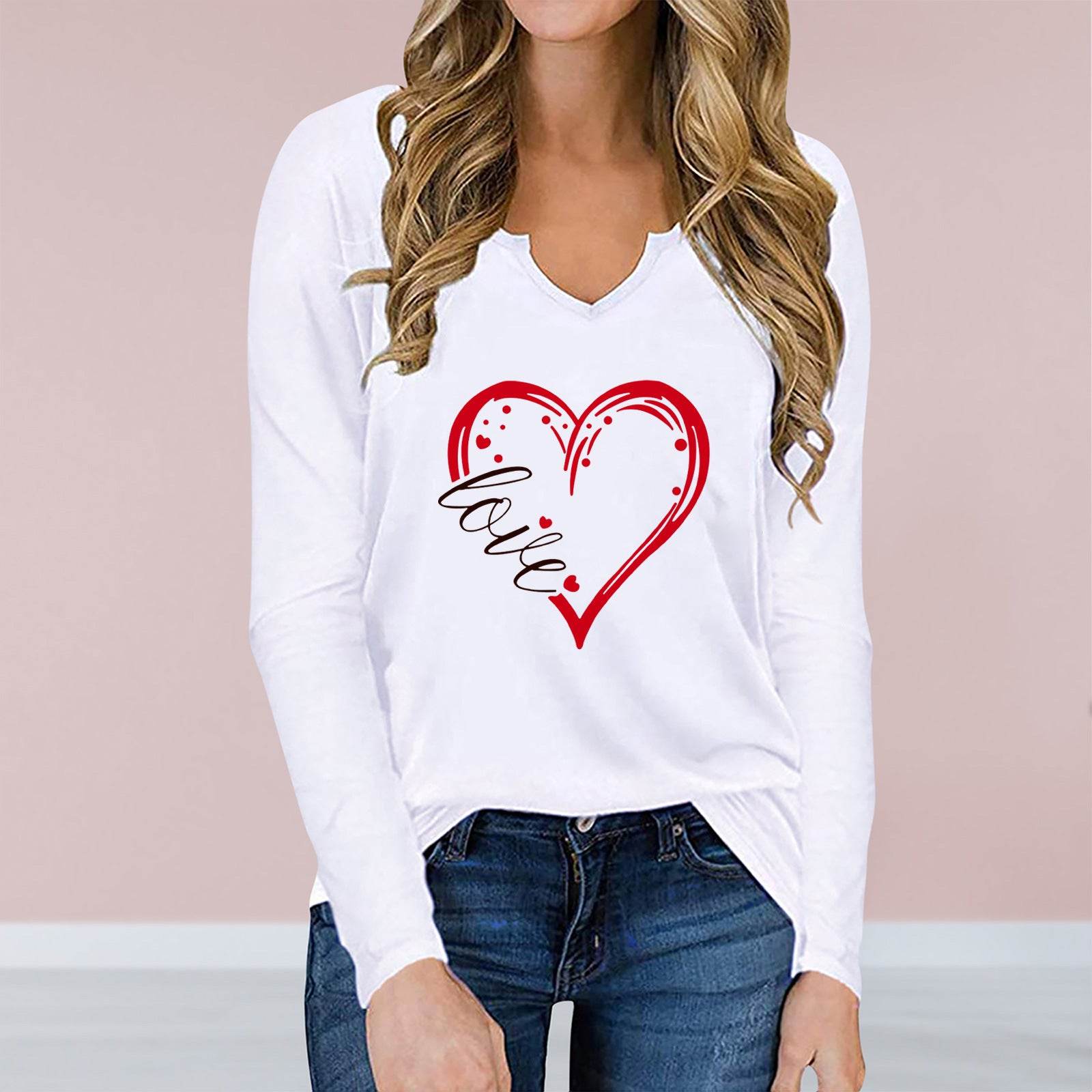 Valentine's Day Printed T shirt | Long sleeved V neck Top | Loose Fit - Shanilia