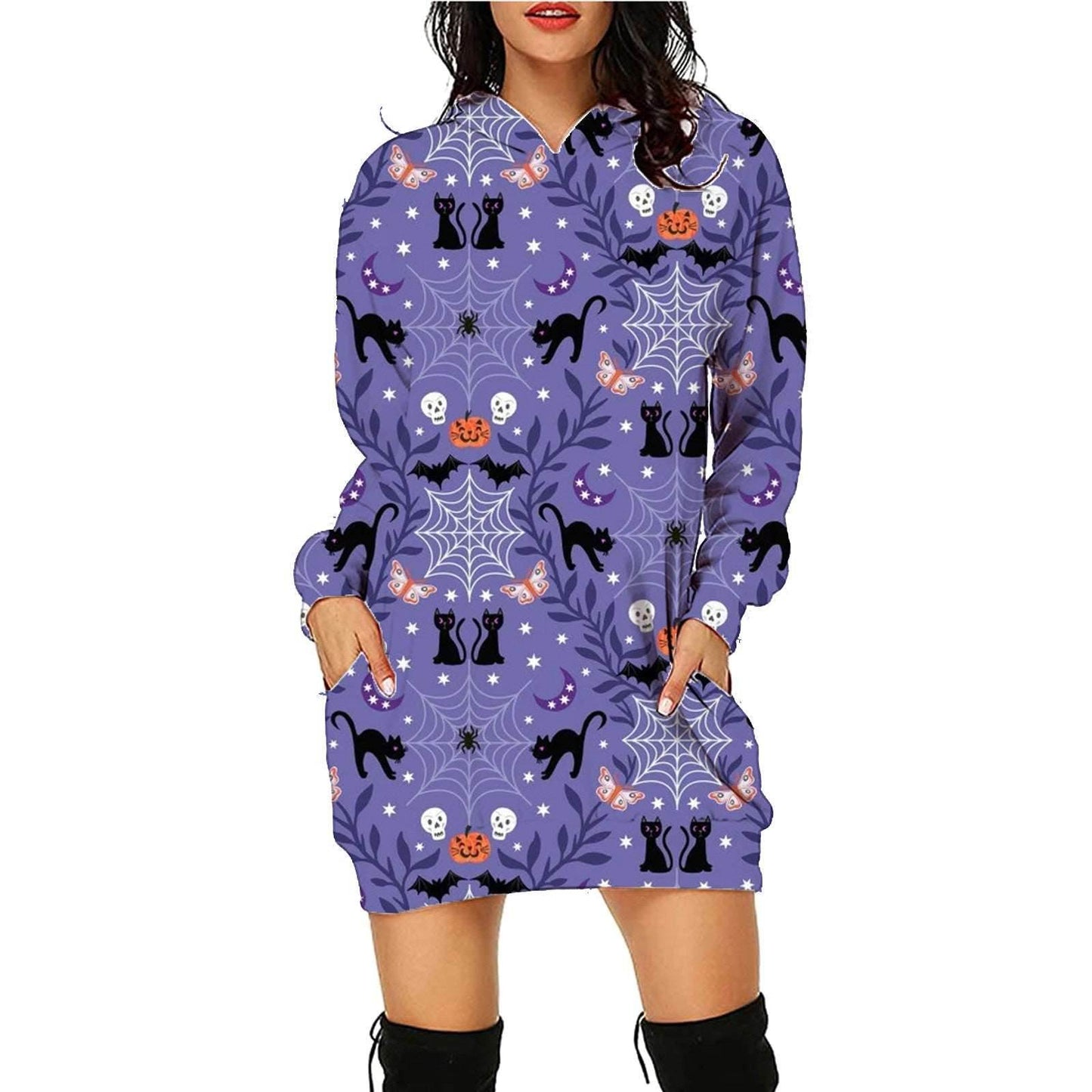 Women's Halloween Print Long Hoodie Sweater with Pockets - Shanilia