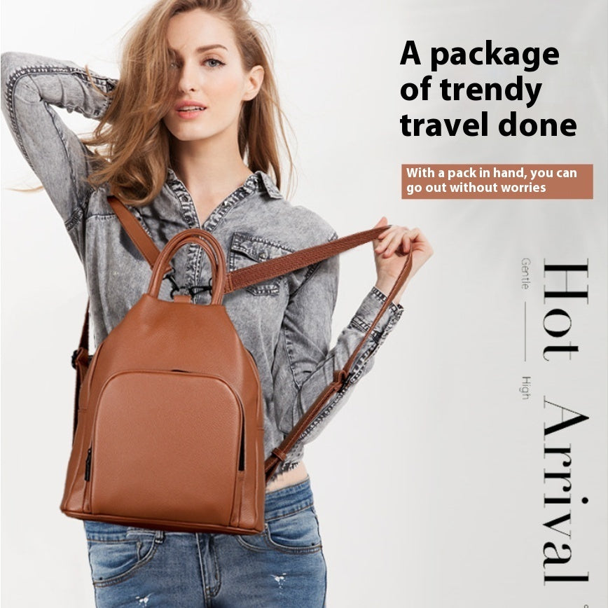 Pu Backpack Practical Soft Leather Zipper Handbag