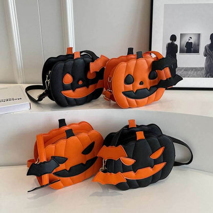 Halloween Bags Funny Pumpkin Cartoon Shoulder Crossbody Bag With Bat - Shanilia