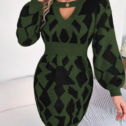 Look Stylish in this Color Matching Lantern Sleeve Sweater Dress - Shanilia