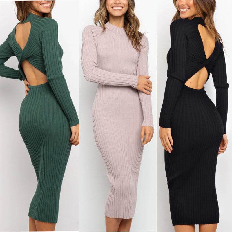 New Style Women's Suits Sweater Dresses | Solid Color Backless Bow Tight Dresses - Shanilia