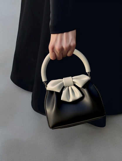 Women's Pleated Handbag Contrast Color Bow Bucket Bag