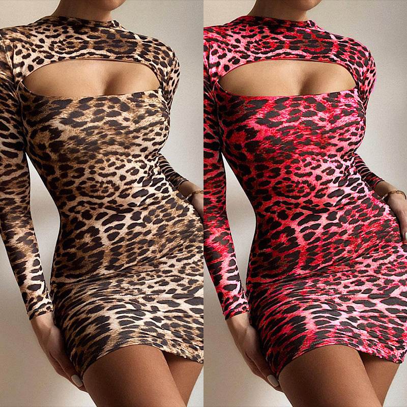 Women's Fashion Tight Long Sleeve Leopard Print Dress - Shanilia