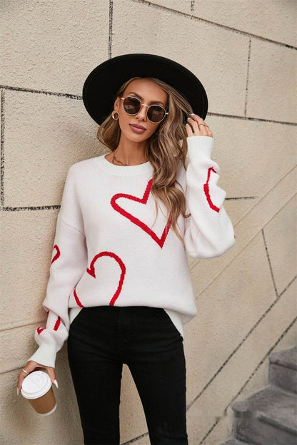 Female With Hearts Valentine's Day Pullover Big Peach Heart Contrast Color Sweater - Shanilia