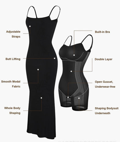 Women's Shapewear Dress Jumpsuit Tummy Tuck Lift Corset Open Crotch Suspender Tight Long Skirt Chest Pad Bodysuit Dress - Shanilia