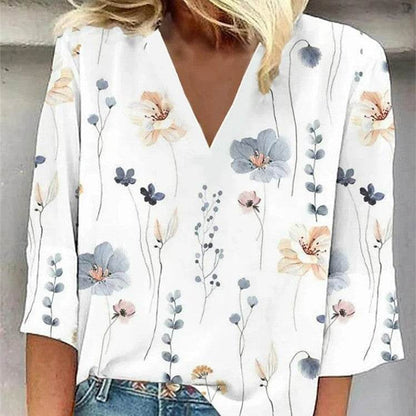 Stylish V-neck Top: Casual Printed Loose Women's Top - Shanilia