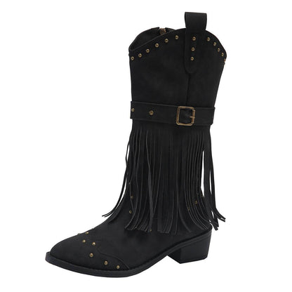 Women's Winter Retro Tassel Boots With Rivet Strap Buckle Design - Shanilia