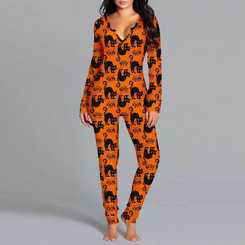 Halloween Printed Jumpsuit Long Sleeve Home Pajamas for Women - Shanilia