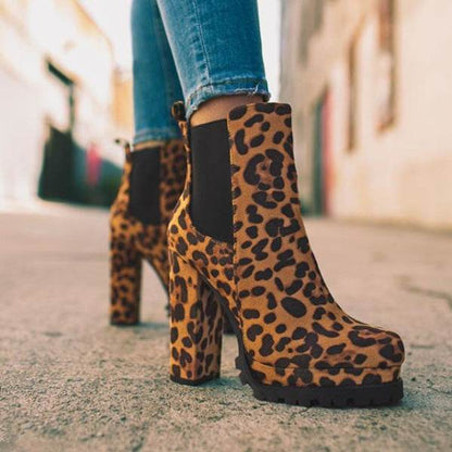 Round-toe Ankle Boots Solid Leopard Print Thick Square High Heel Shoes Ladies Casual Fashion Autumn Winter Suede Dress Party Boots - Shanilia