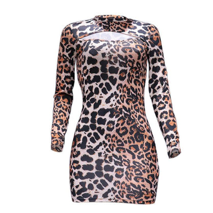 Women's Fashion Tight Long Sleeve Leopard Print Dress - Shanilia