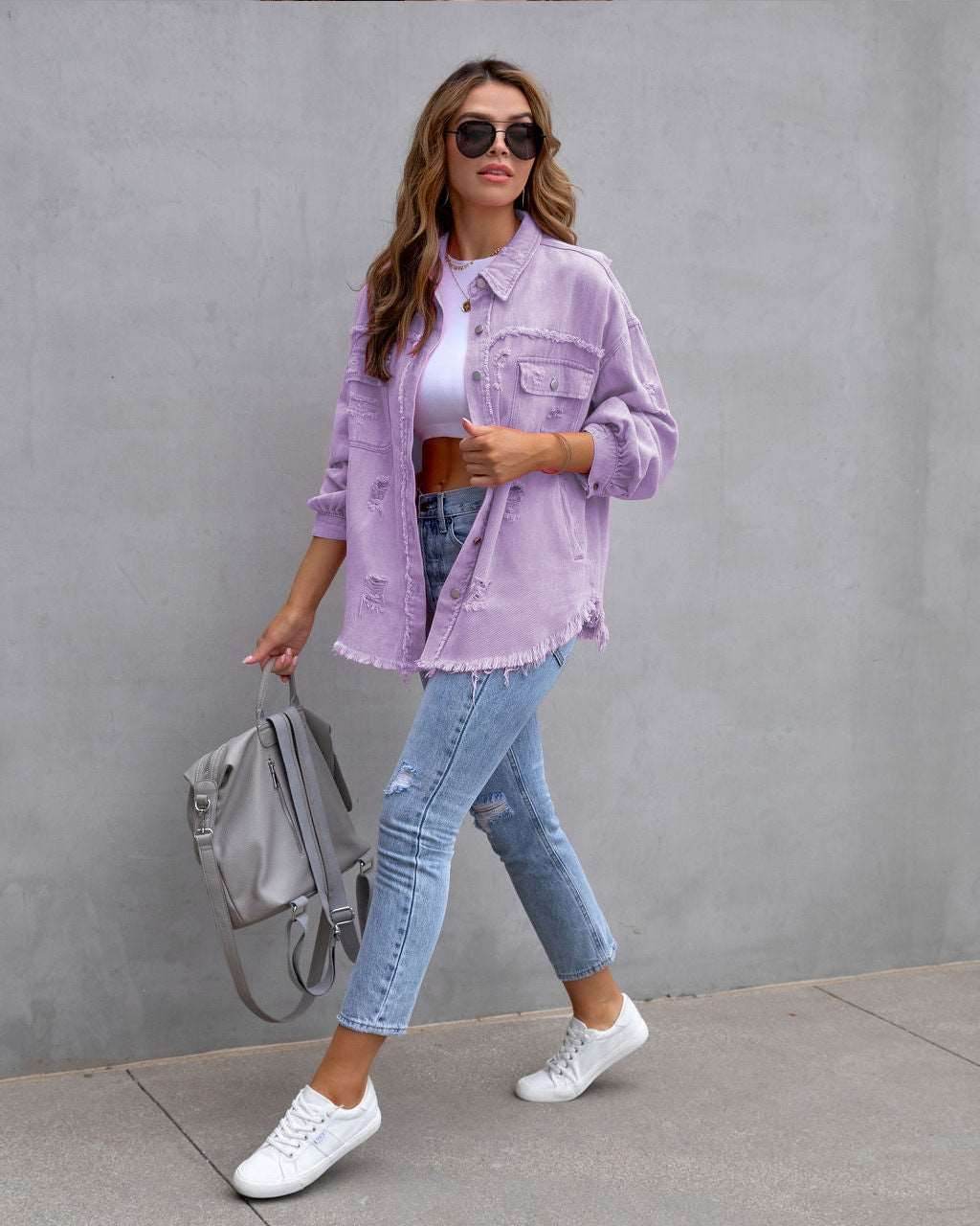 Fashion Ripped Shirt Jacket Female Autumn And Spring Casual Tops Womens Clothing - Shanilia