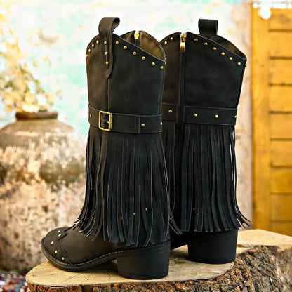 Women's Winter Retro Tassel Boots With Rivet Strap Buckle Design - Shanilia