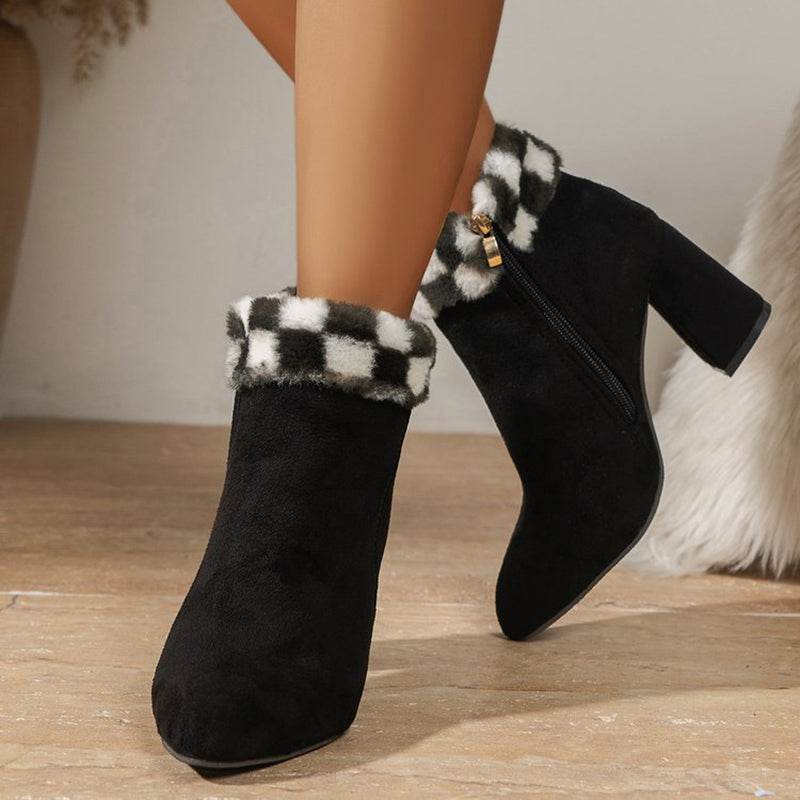 New Plaid Print Plush Ankle Boots Winter Fashoin Square Heel Suede Boots Women - Shanilia