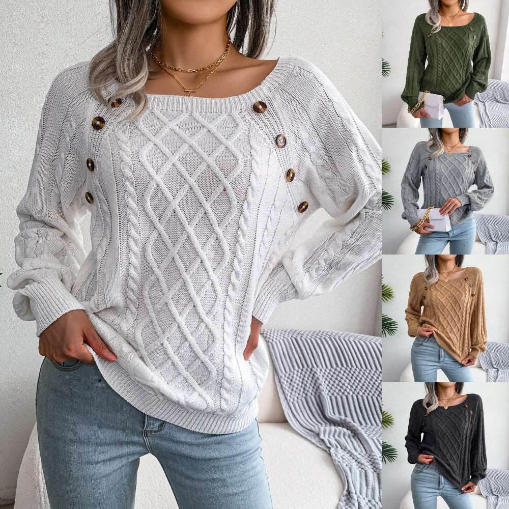 Square Neck Button Fried Dough Twist Knitting Sweater - Shanilia