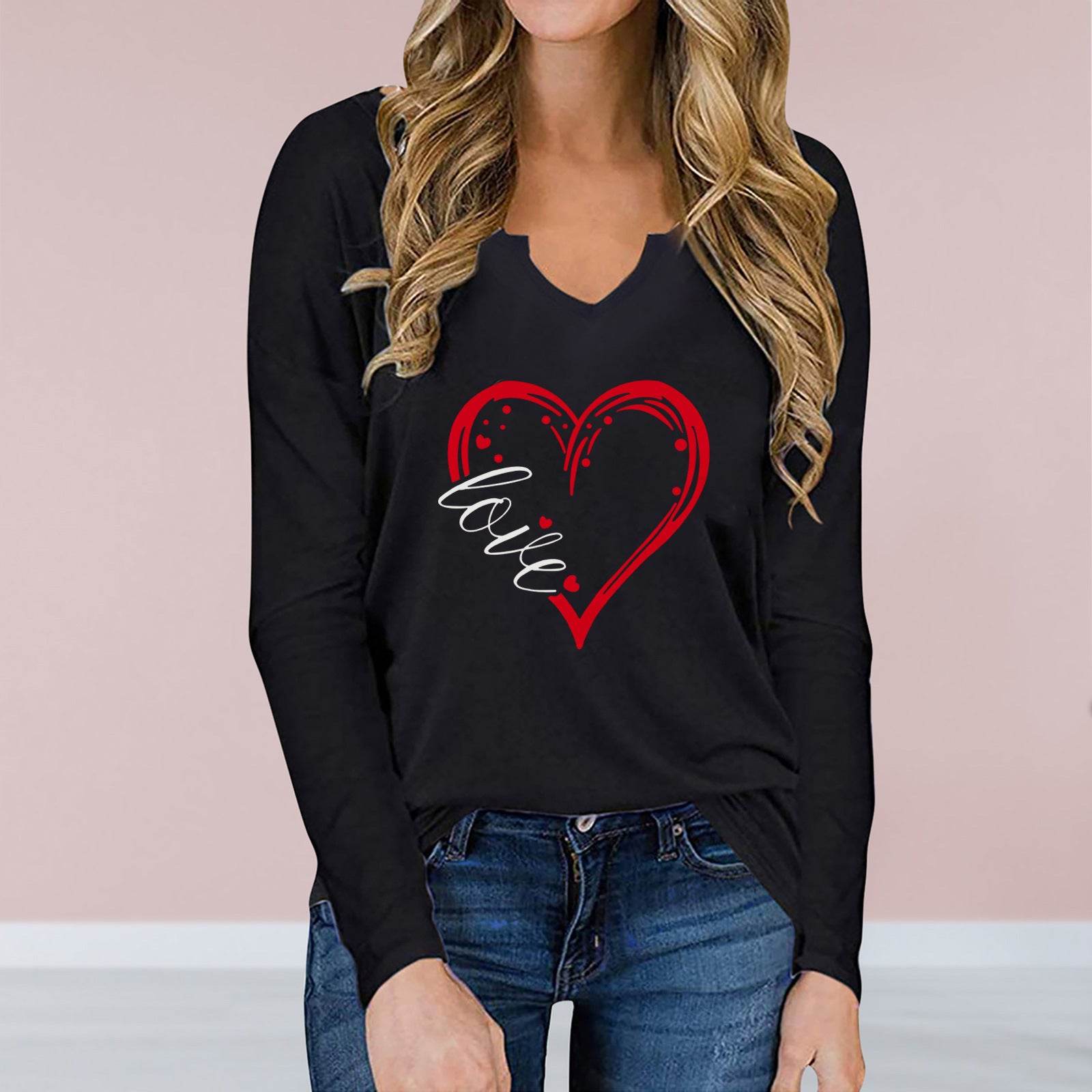 Valentine's Day Printed T shirt | Long sleeved V neck Top | Loose Fit - Shanilia