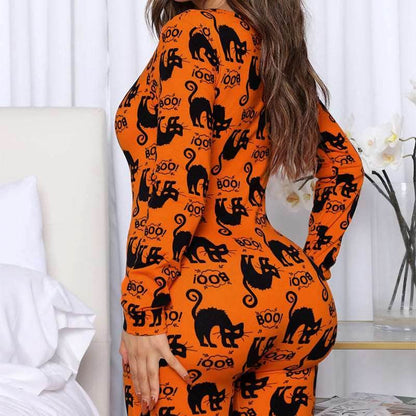 Halloween Printed Jumpsuit Long Sleeve Home Pajamas for Women - Shanilia